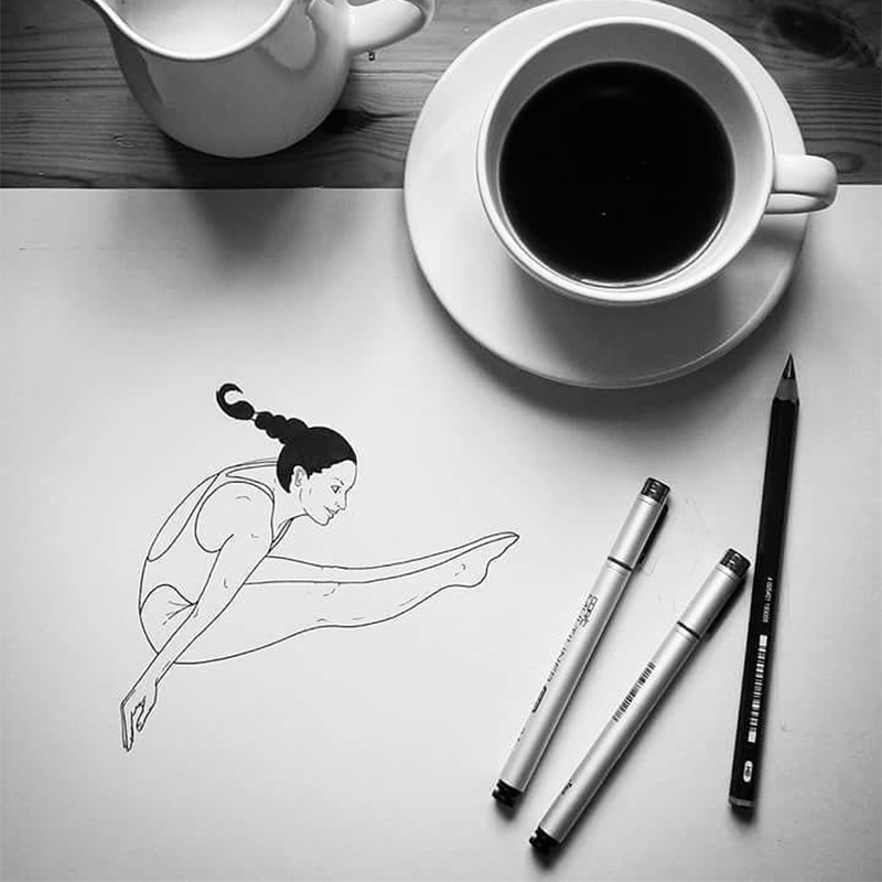 dessin minimaliste de femme et café