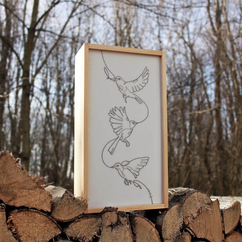 lampe cadre lumineux - dessin oiseau - décor bois