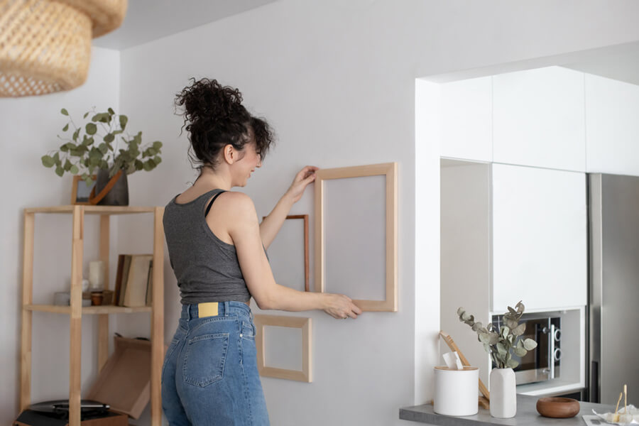 femme qui accroche des cadres de décoration au mur